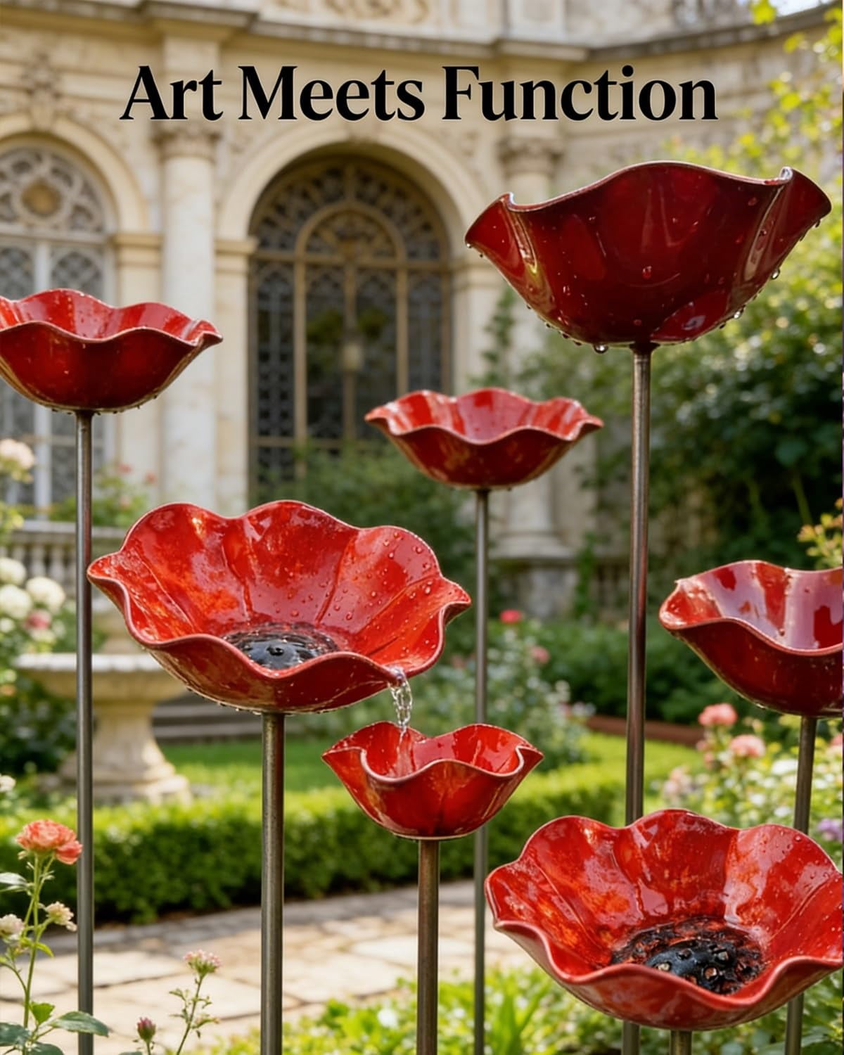 Handmade Metal Flower Garden Stake with Bee Bath & Bird Water Bowl – Decorative Outdoor Yard Art, Butterfly & Pollinator Watering Station, Weather-Resistant Garden Decor Gift