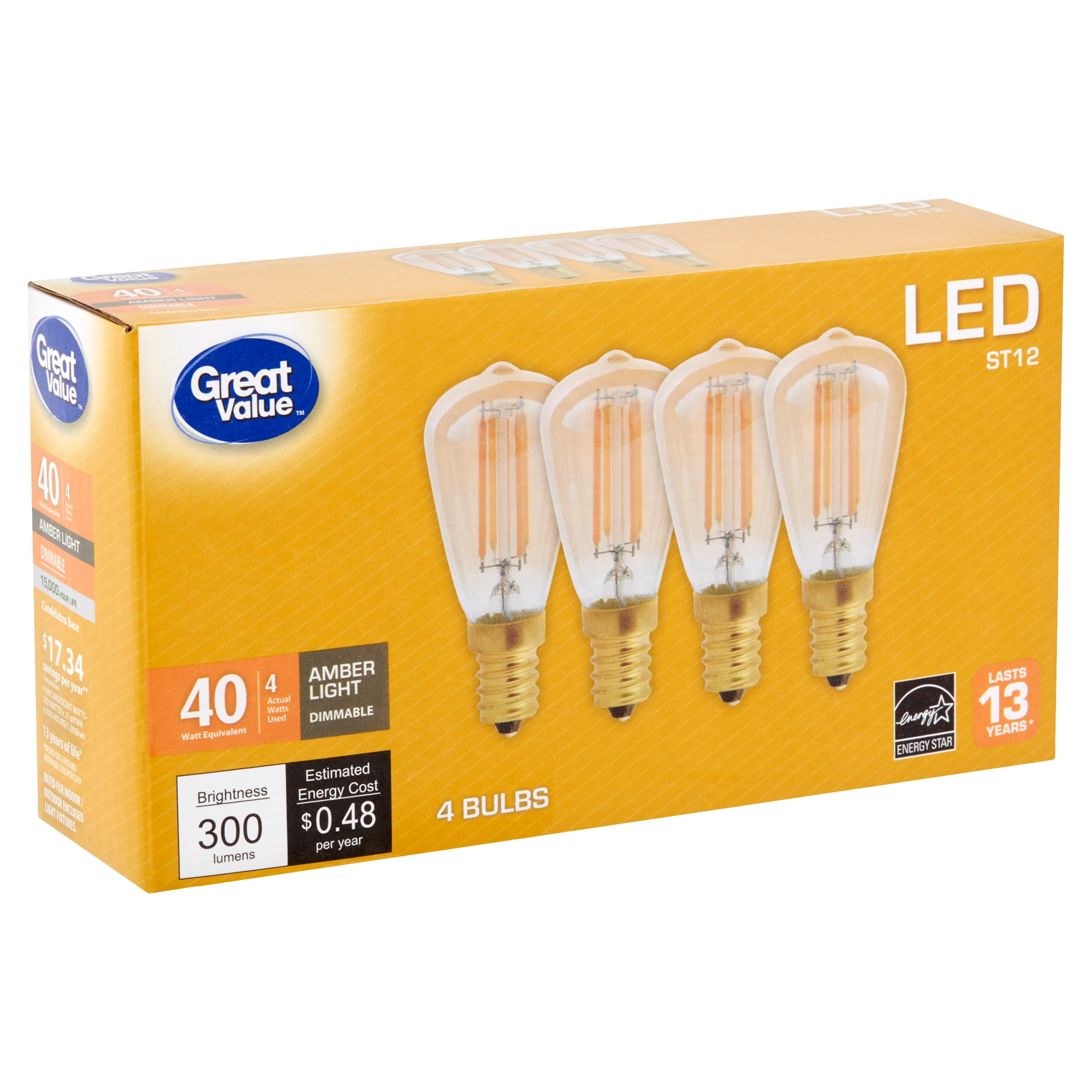 Great Value LED St12 4 Watts Amber Light Candelabra Base Bulbs, 4 Count