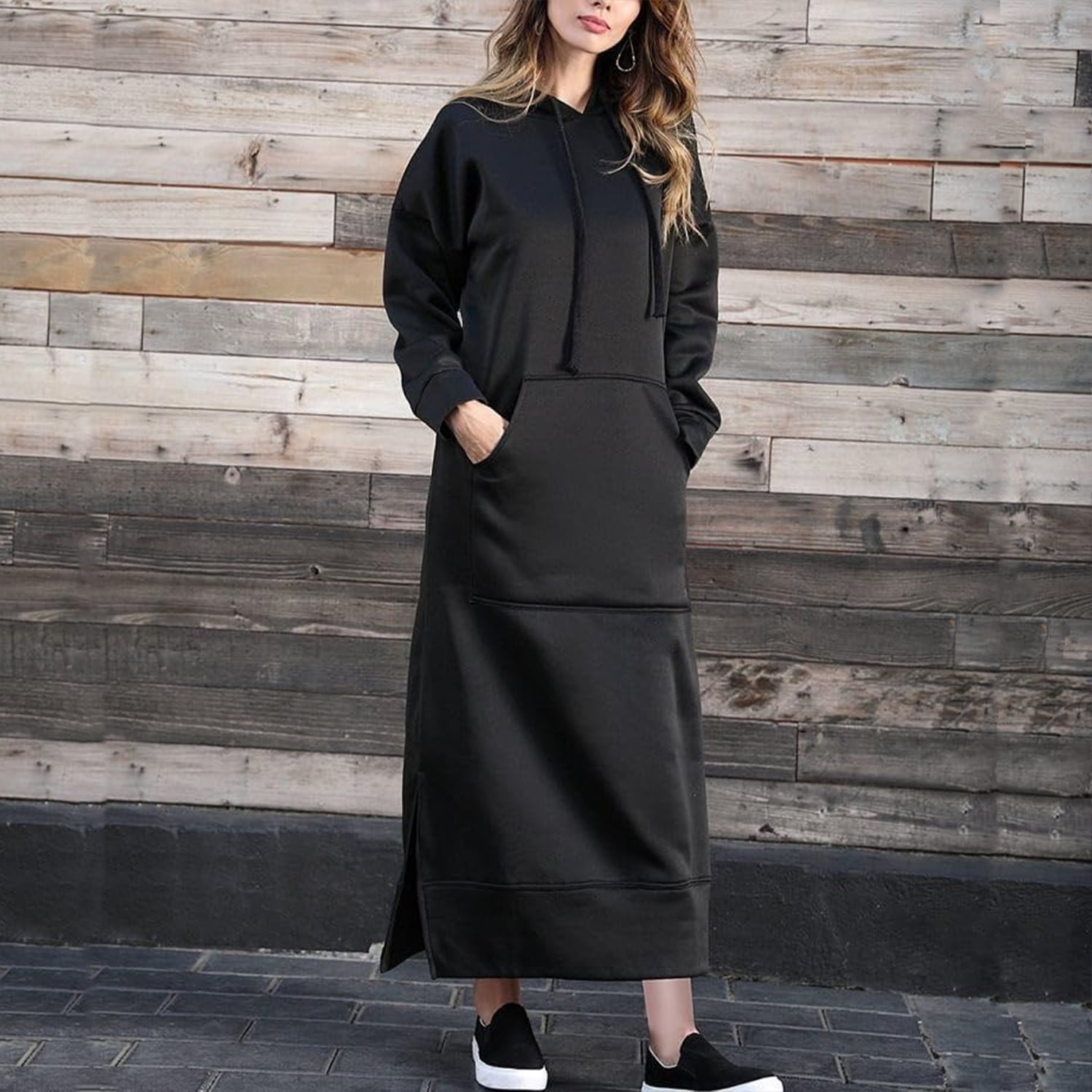 Yoolin Womens Long Fleece Maxi Pullover Sweatshirt Dresses Baggy Hooded Sweat Shirt Robe Dress with Pockets