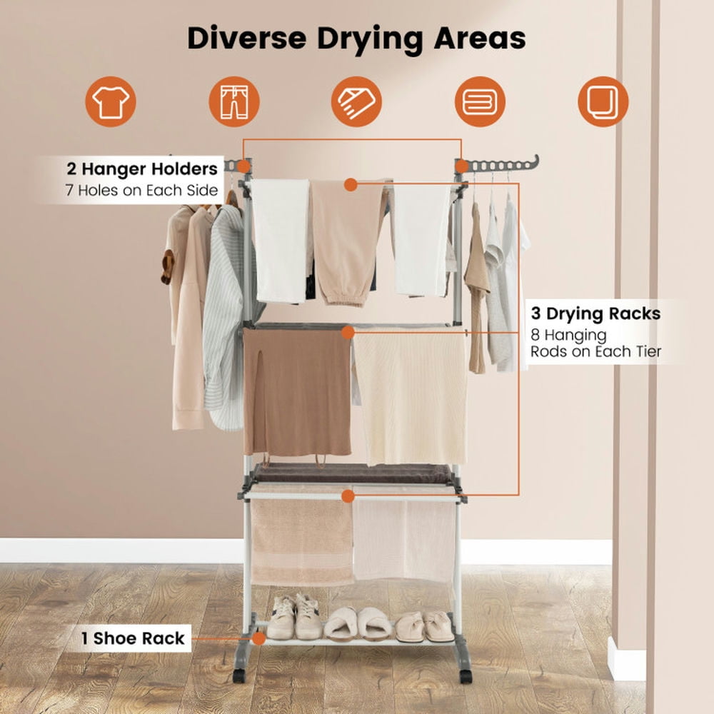 Finihen Drying Rack, Clothes Drying Rack, 4-tier Clothes Drying Rack with Rotatable Side Wings and Collapsible Shelves, for Indoor, Outdoor, Gray Finihen Drying Rack, Clothes Drying Rack, 4-tier Clothes Drying Rack with Rotatable Side Wings and Collapsible Shelves, for Indoor, Outdoor, Gray