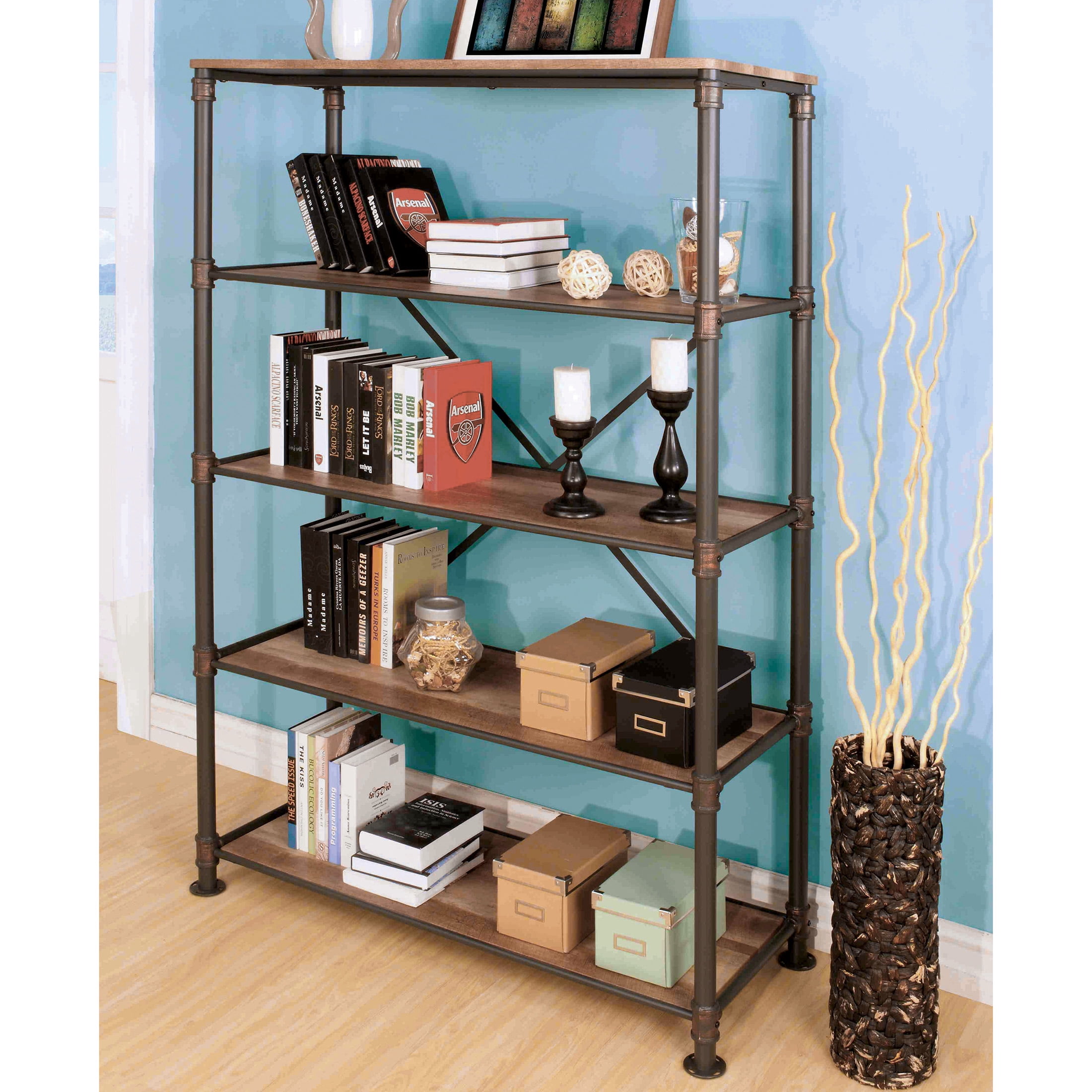 Furniture of America Quinn Metal 4-Shelf Bookcase, Antique Black
