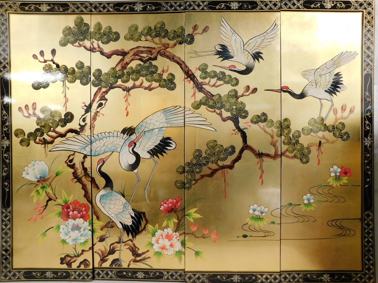Chinese Wall Hanging Hand Painted Cranes And Pine Tree - Oriental Furniture Warehouse