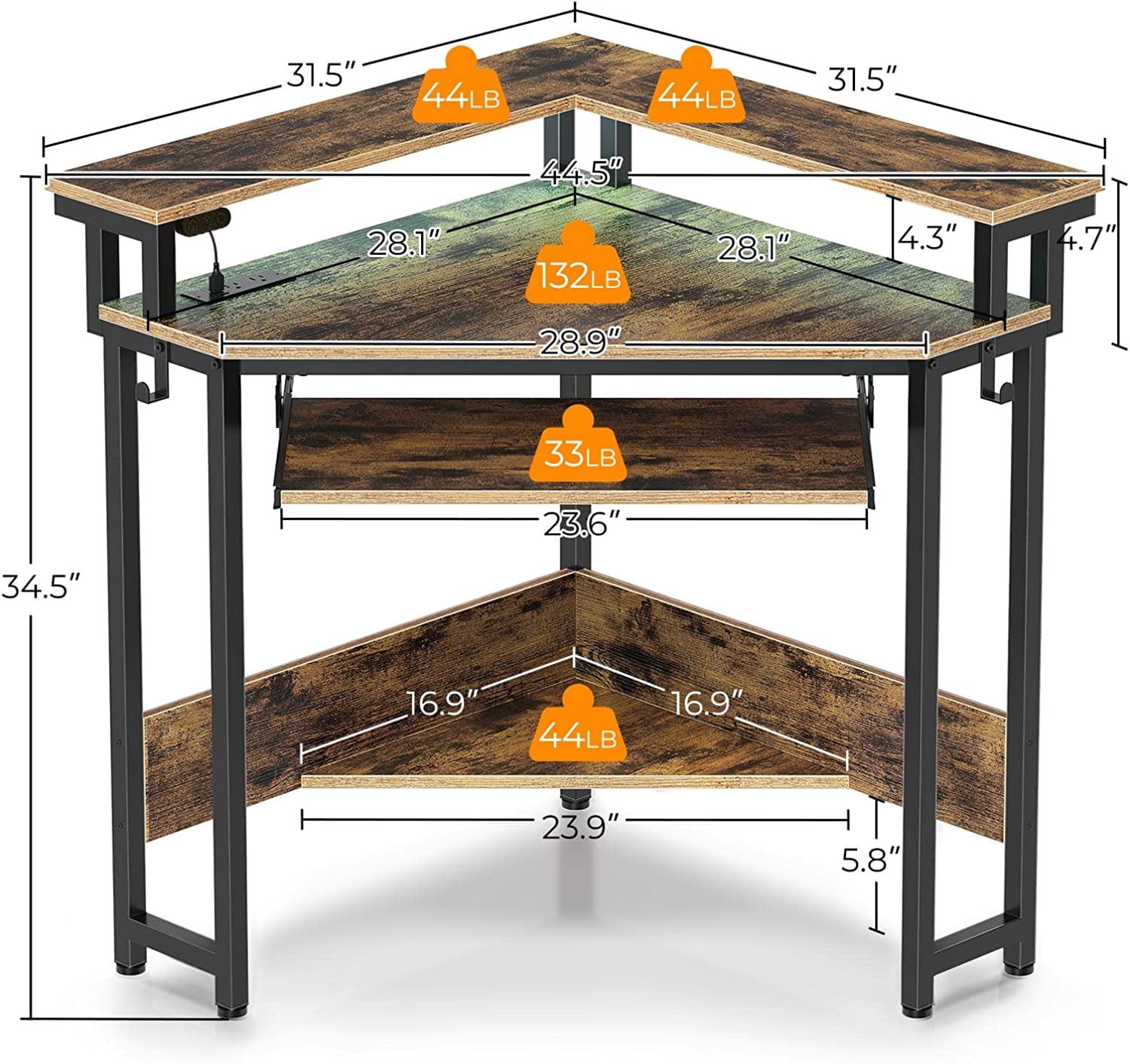 BIZFURN Corner Desk, 44.5" W x 34.5" H Small Computer Desk with Power Outlets, Gaming Desk with LED Lights, Triangle Corner Desk with Keyboard Tray & Monitor Stand for Small Space, Rustic Brown