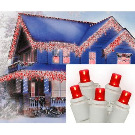 Set of 70 Red LED Wide Angle Icicle Christmas Lights - White Wire