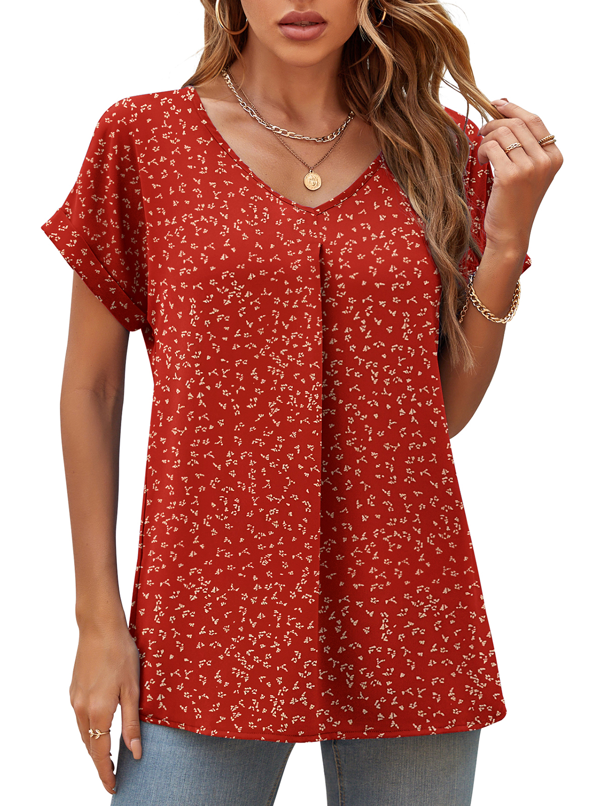 Summer Blouses for Women Elegant Casual V Neck Chiffon Blouses Tops Shirts,Flower Navy Red,S-2XL
