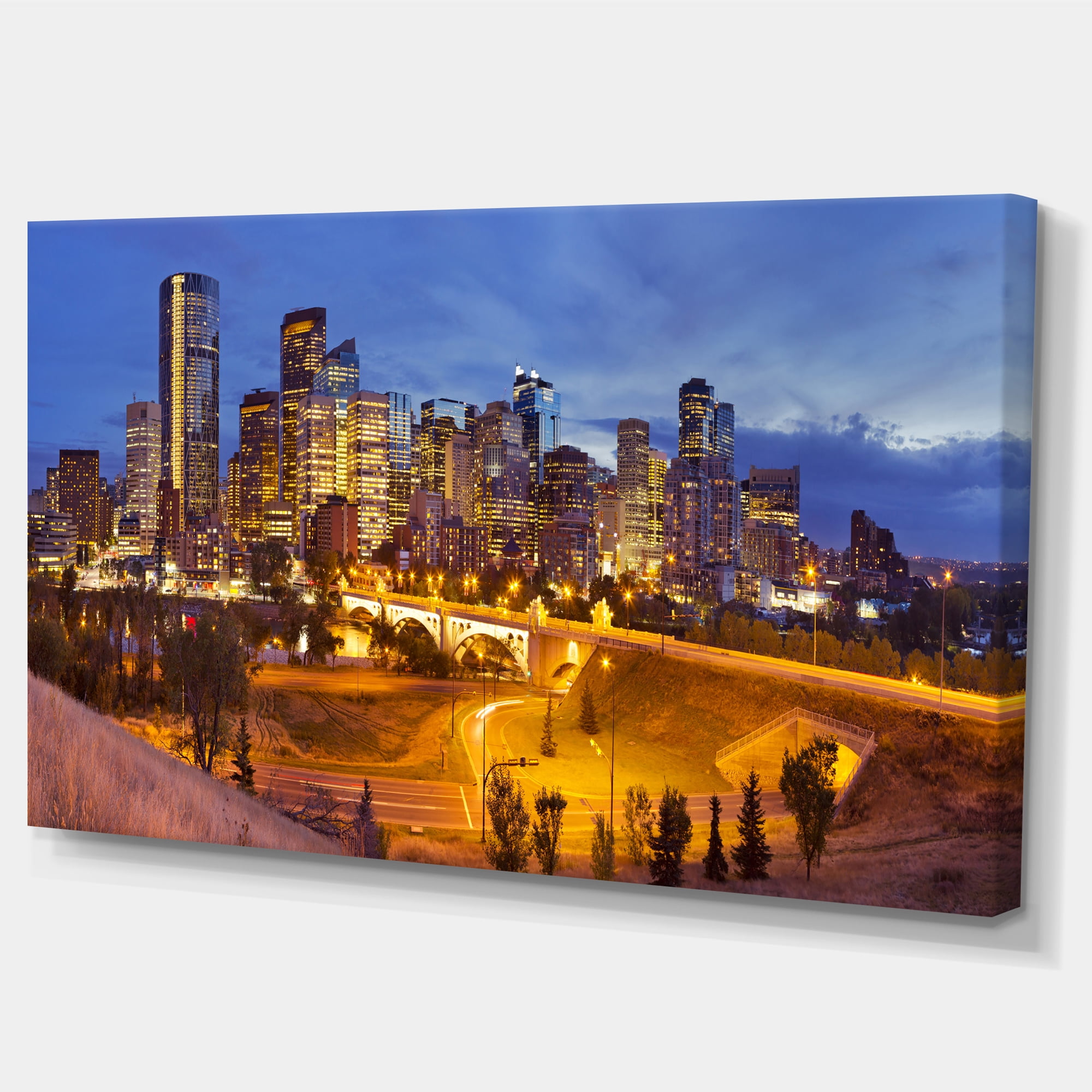 Skyline of Calgary at Night Panorama Modern Cityscape Canvas Wall Art