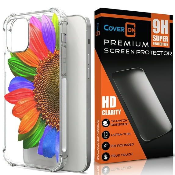CoverON Phone Design For Apple iPhone 13 Mini Case and Screen Protector Tempered Glass, Clear Slim TPU Cover, Rainbow Sunflower