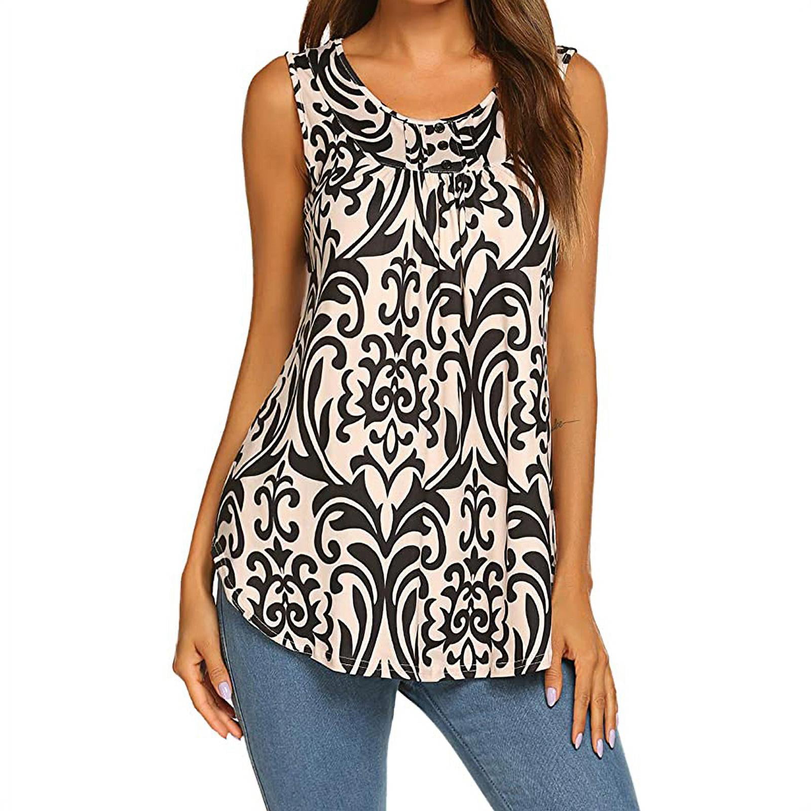 Women's Paisley Printed Pleated Sleeveless Blouse Shirt Casual Flare Tunic Tank Top