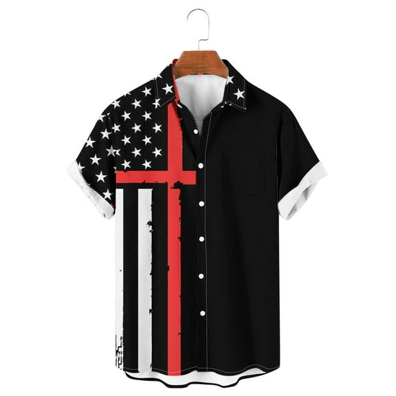 VBTAPA Men's 4th of July Patriotic Shirt Jesus Cross Print Casual Button Down Shirts Independence Day Lapel Short Sleeve Tops Front Pocket Hawaiian Shirt Black XXL