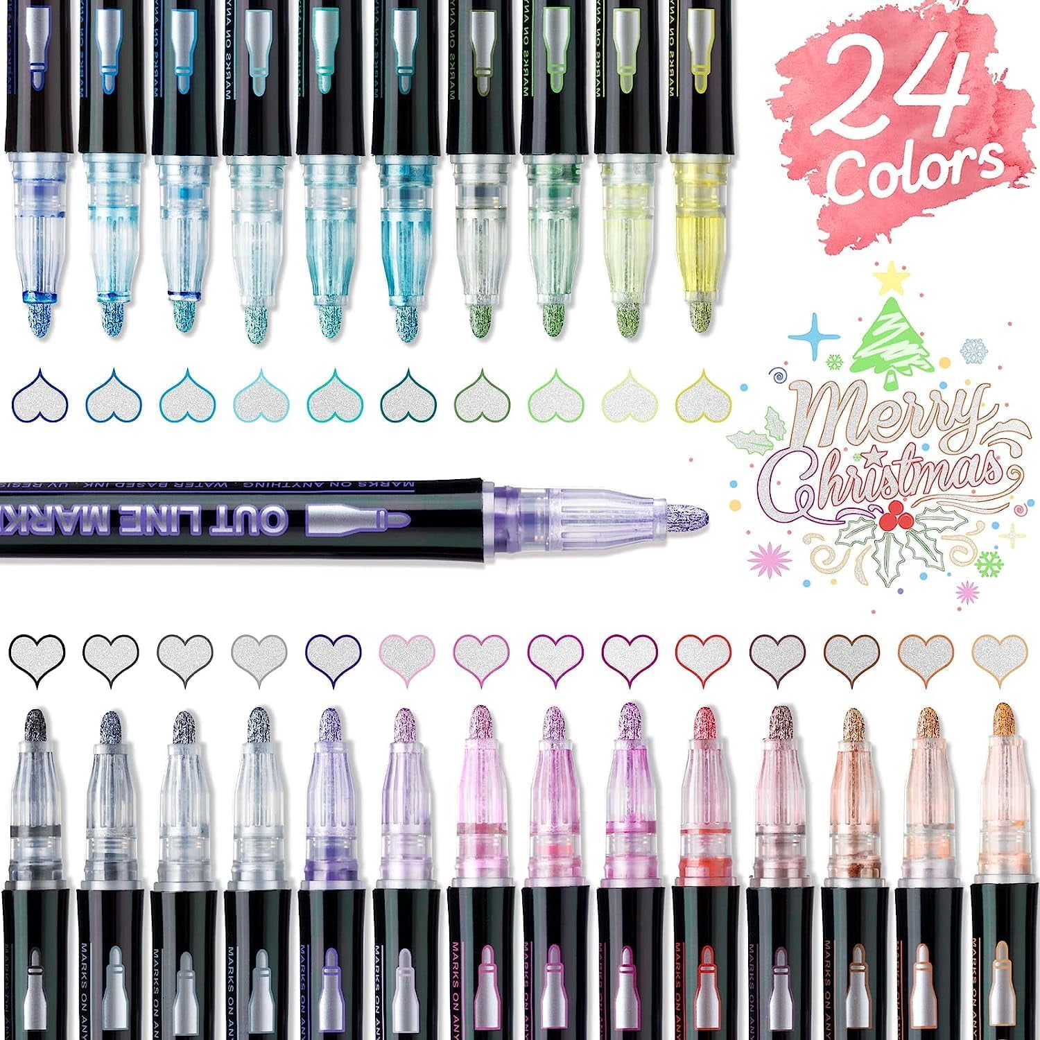 Dreamy Sparkle Dual-Line Contour Pen, 12 Colors Self-Outline Metallic Markers with Glitter, 2mm Chisel Tip for Christmas Card Birthday Greeting, DIY Art Crafts Scrapbooking and Drawing