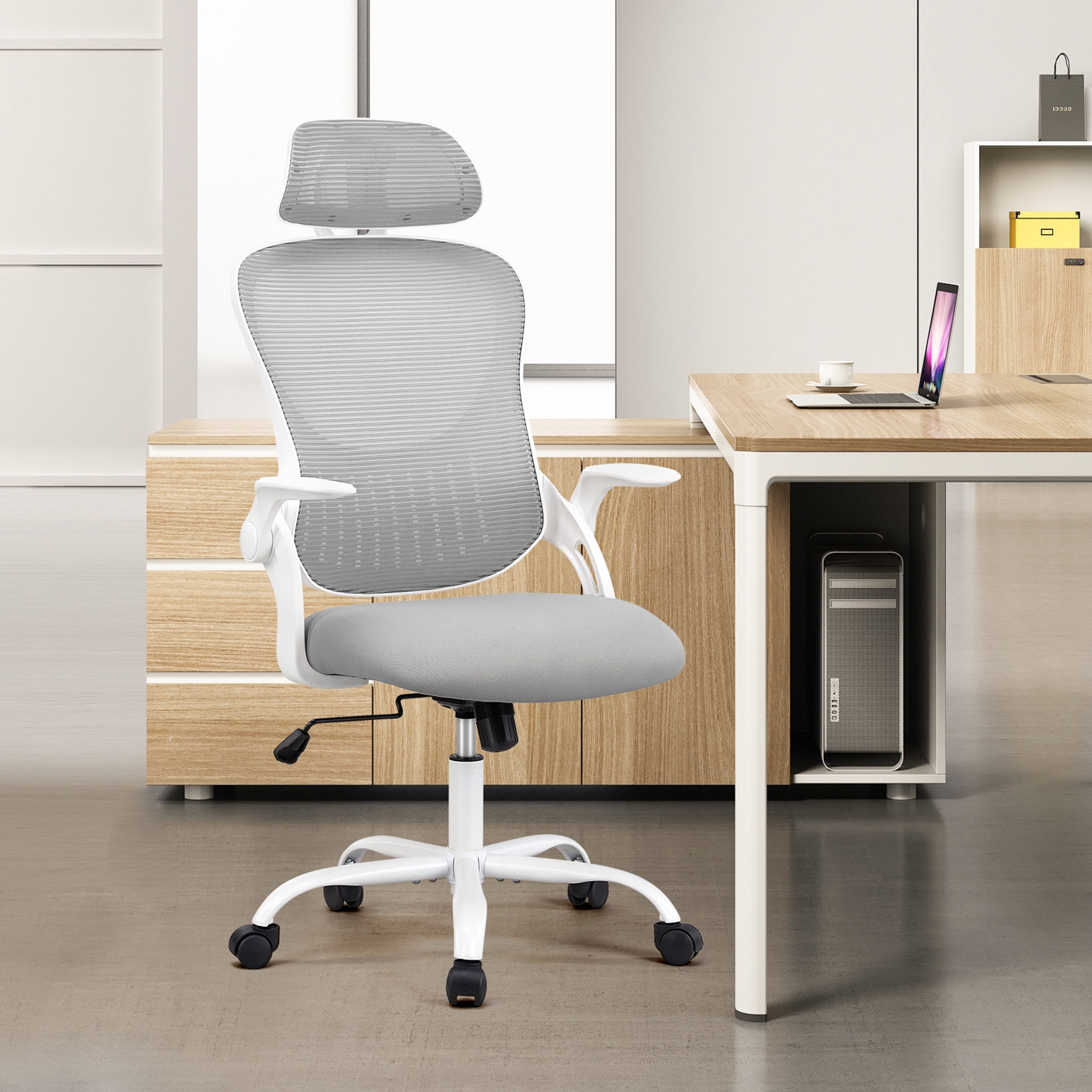 JOINSUN Office Computer Desk Chair, Ergonomic High-Back Mesh Work Chairs with Wheels and Adjustable Headrests, Gray