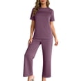 thumbnail image 2 of Wensltd Women's Outifts Casual Comfortable Round Neck Solid Color Short Sleeve Top and Long Pants 2 Piece Set for Spring Summer, 2 of 9