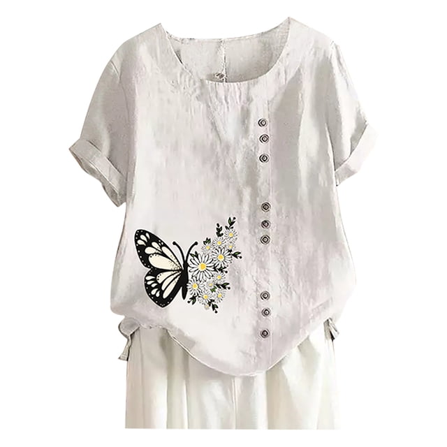 Birdeem T-Shirt Ample d'Été pour Femme à Col Rond, Manches Courtes, Imprimé Papillon, Haut Blouse