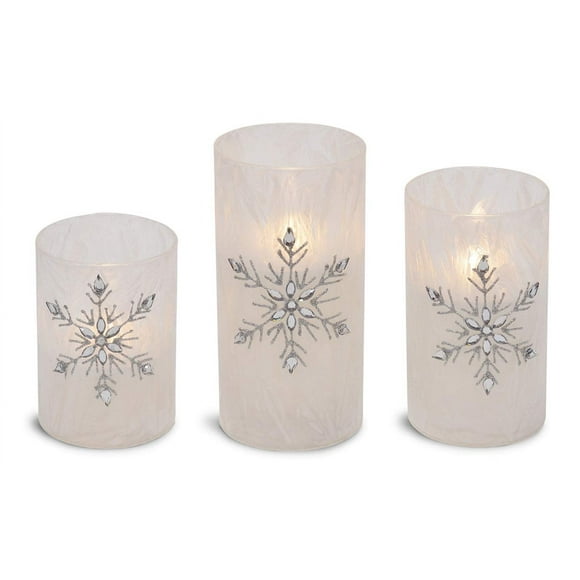 Mark Feldstein & Associates Bougies Piliers Sans Flamme en Verre Glacé Flocon de Neige Orné Ensemble Assorti de 3