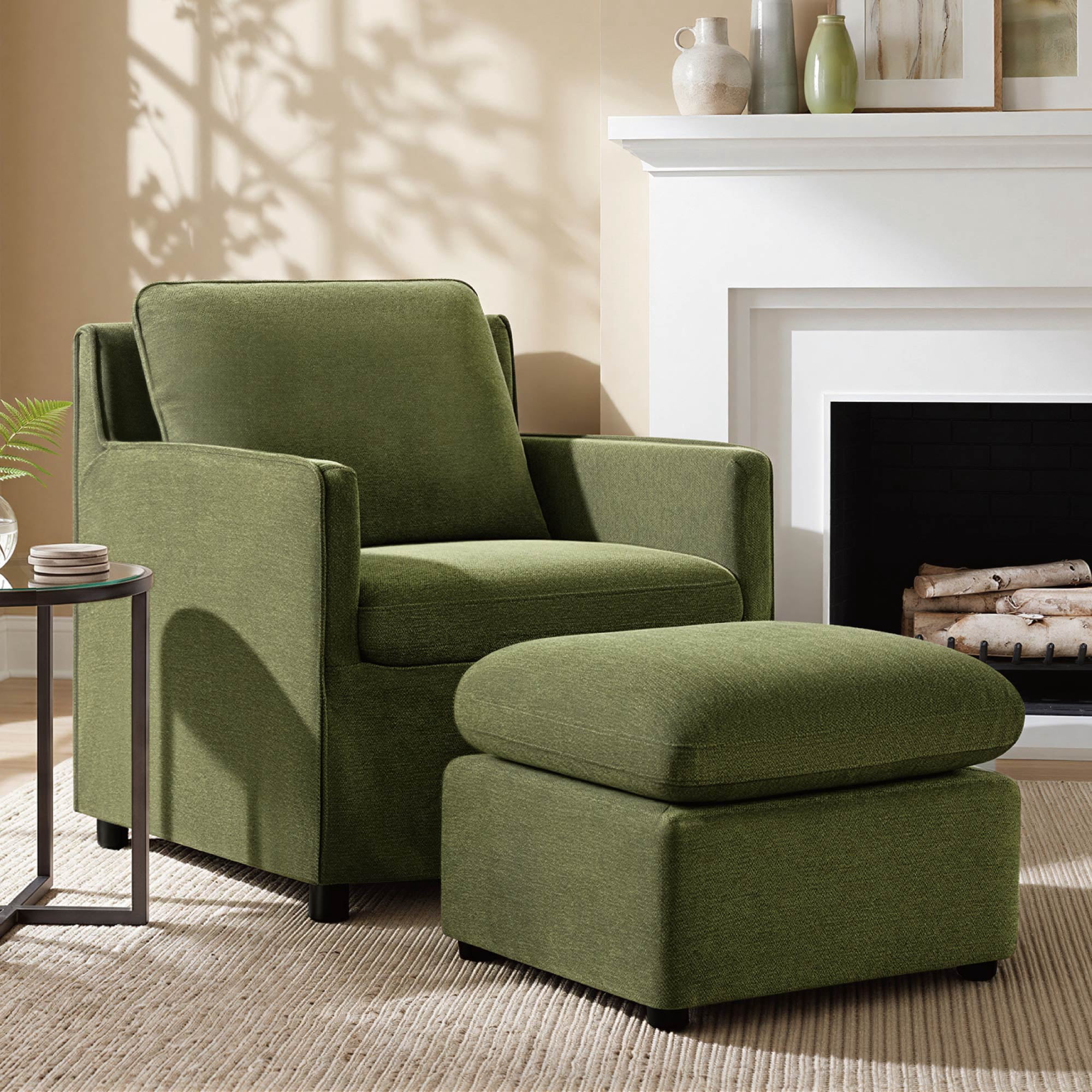 Spruce & Spring Upholstered Ottoman Footstool with Padded Cushion for Living Room and Bedroom, Green