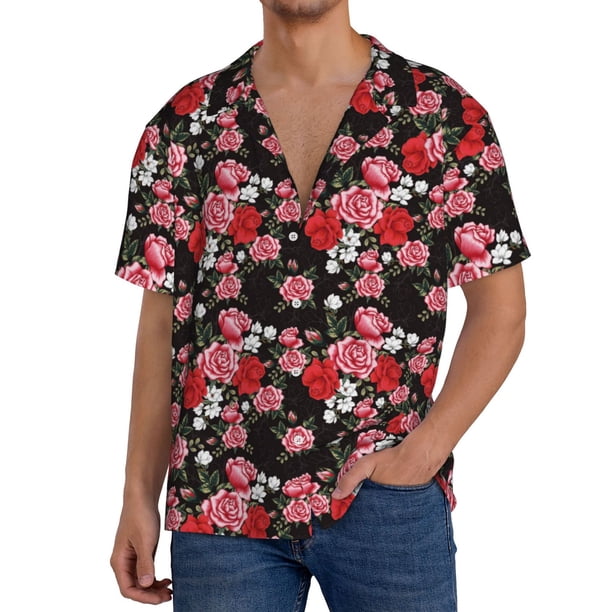 Balery Rose Flowers Camisa Casual de Manga Corta con Botones para Hombre, Texturizada, Estilo Cubano, para Playa, Verano-Large