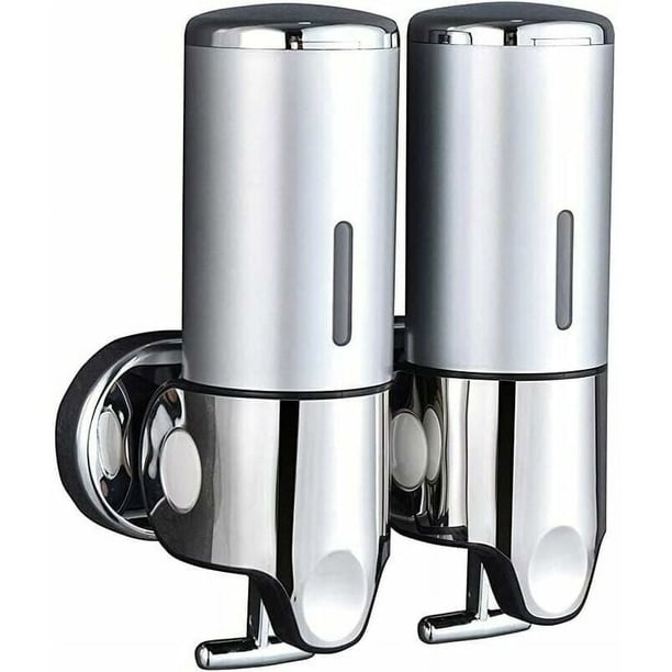 Dispensador de jabón de pared con cámara, acero inoxidable plateado para gel de ducha, acondicionador, champú, nivel de tracción ergonómico con barra en T, diseño de ventana transparente, respetuoso