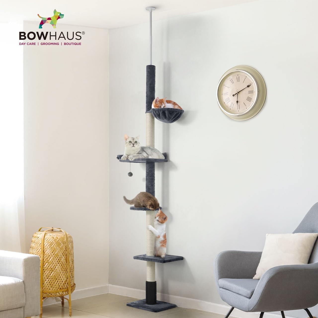 CAPHAUS Floor to Ceiling Cat Tree, Adjustable Height 104”-115” Multi-Tier Cat Climbing Tower w/ Itching Scratcher, Cozy Hammock, Interactive Playball, Platforms for Indoor Cats, Beige