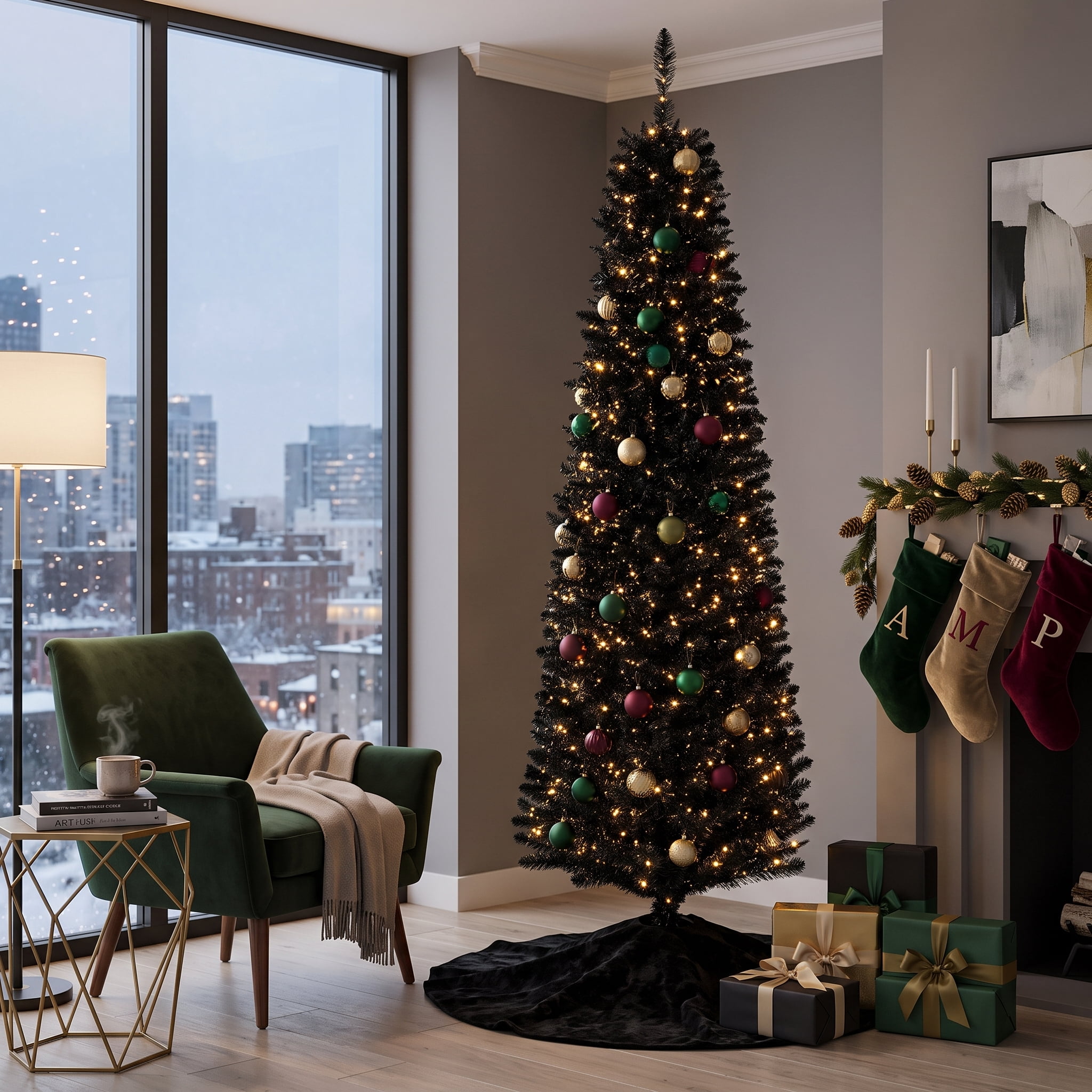 6FT Black Slim Pencil Artificial Christmas Tree, 390 Plastic Branch Tips, Detachable Sturdy Plastic Base, Easy Storage, Indoor Holiday Decor