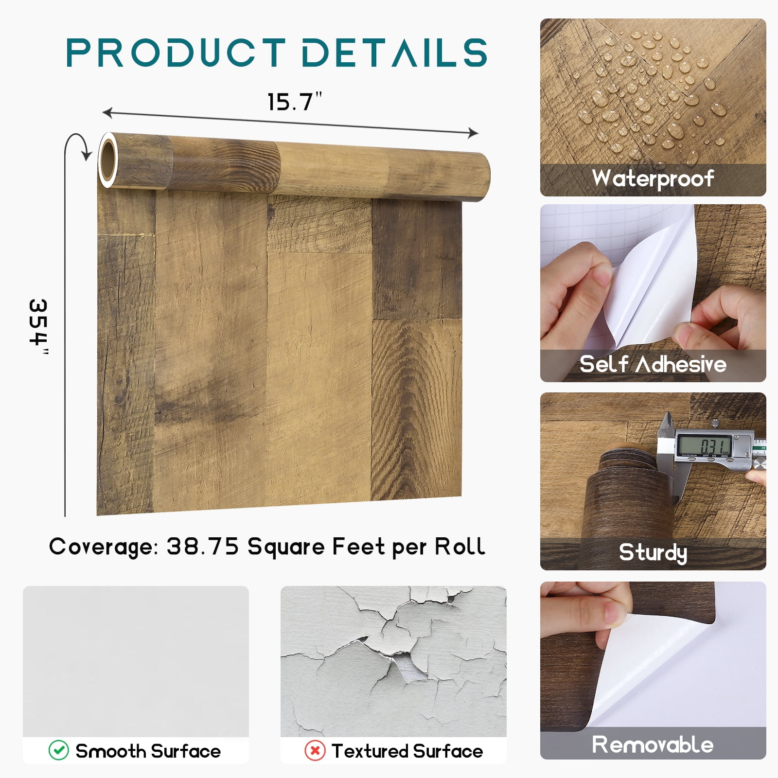 VEELIKE Brown Wood Plank Contact Paper for Countertops Waterproof Peel and Stick Wood Wallpaper Self Adhesive Removable Vinyl Roll Wood Panel Contact Paper for Cabinets Furniture Kitchen 15.7''x354''