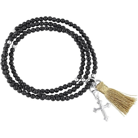 Onyx and Black Tassel Sterling Silver Endless Cross Charm Bracelet, 20