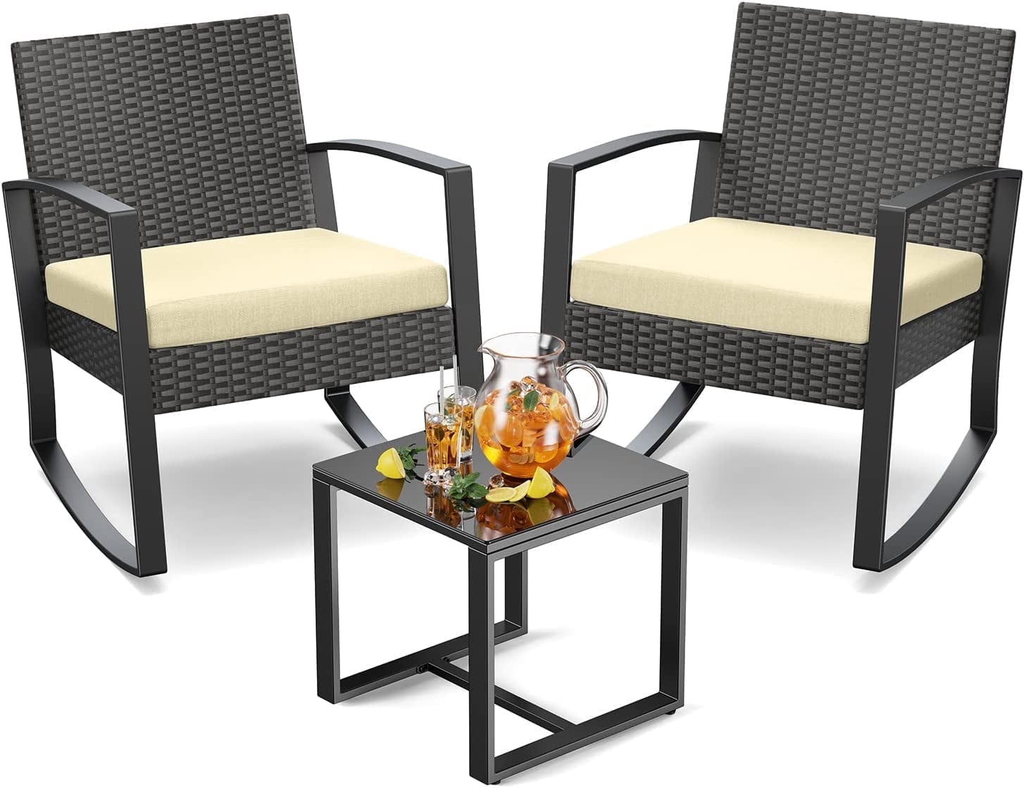 3-Piece Porch Balcony Furniture Set, Lofka Patio Rocking Chairs Set with Small Glass Table for Conversation and Break Time, Beige Cushion