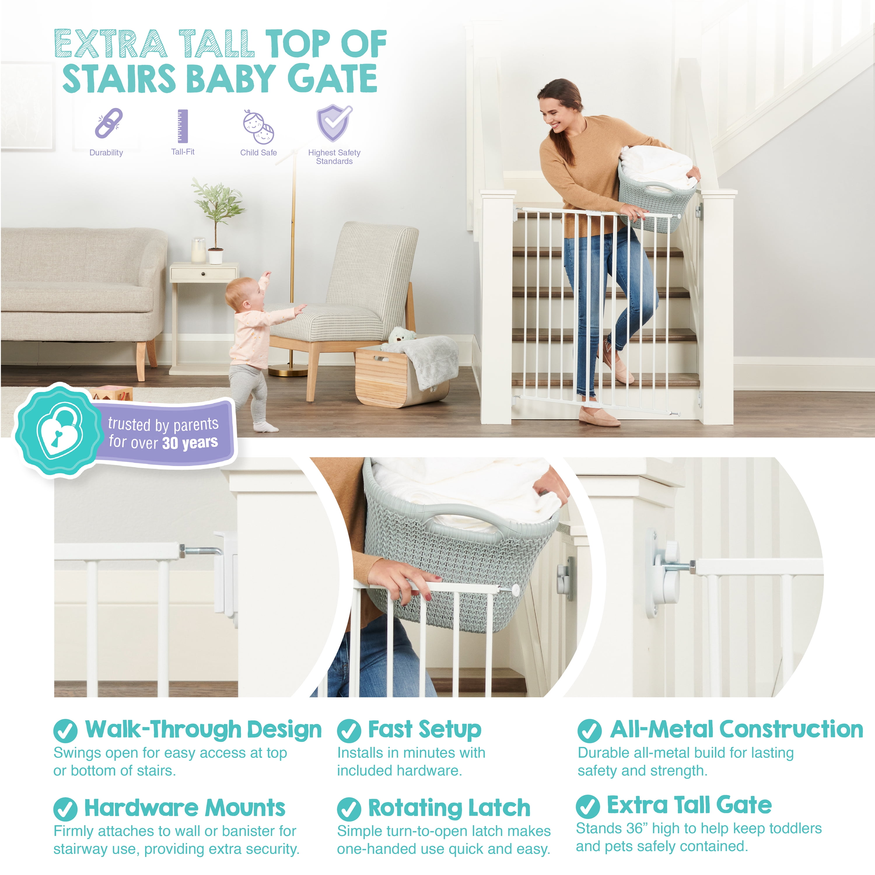 Regalo 2-in-1 Extra Tall Easy Swing Stairway and Hallway Walk Through Baby Gate, White, 38 Inch