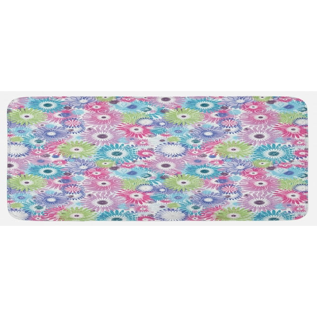 Floral Kitchen Mat, Colorful Pastel Pattern with Flowers and Vintage Curls Ornate Style Gerbera Daisies, Plush Decorative Kitchen Mat with Non Slip Backing, 47" X 19", Multicolor, by Ambesonne