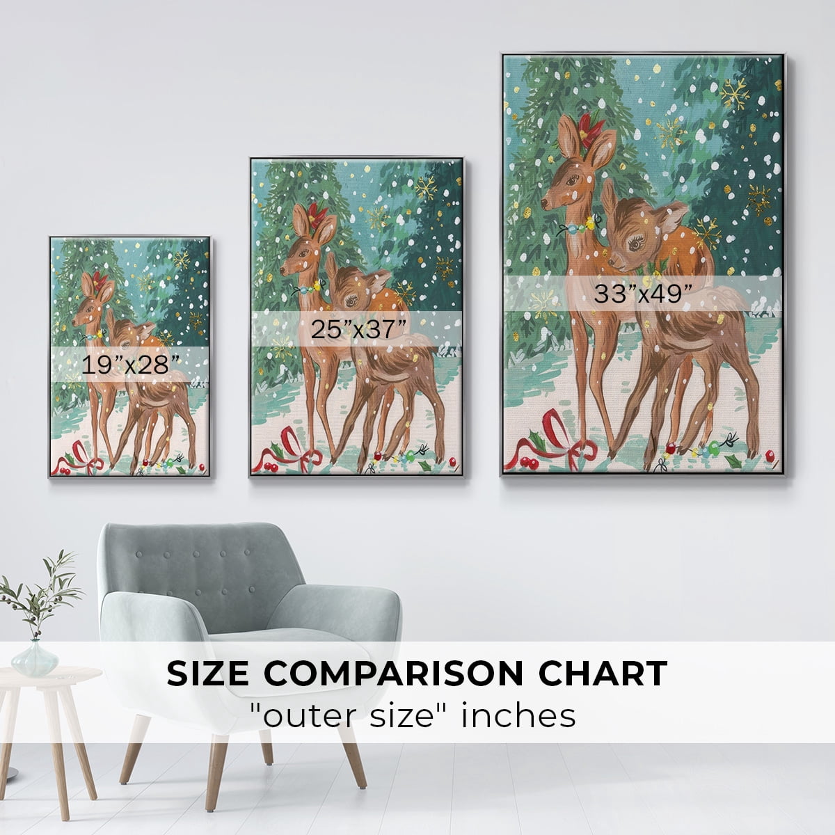 Doe and Fawn I - Framed Gallery Wrapped Holiday Canvas - 17 x 25 - Silver Frame