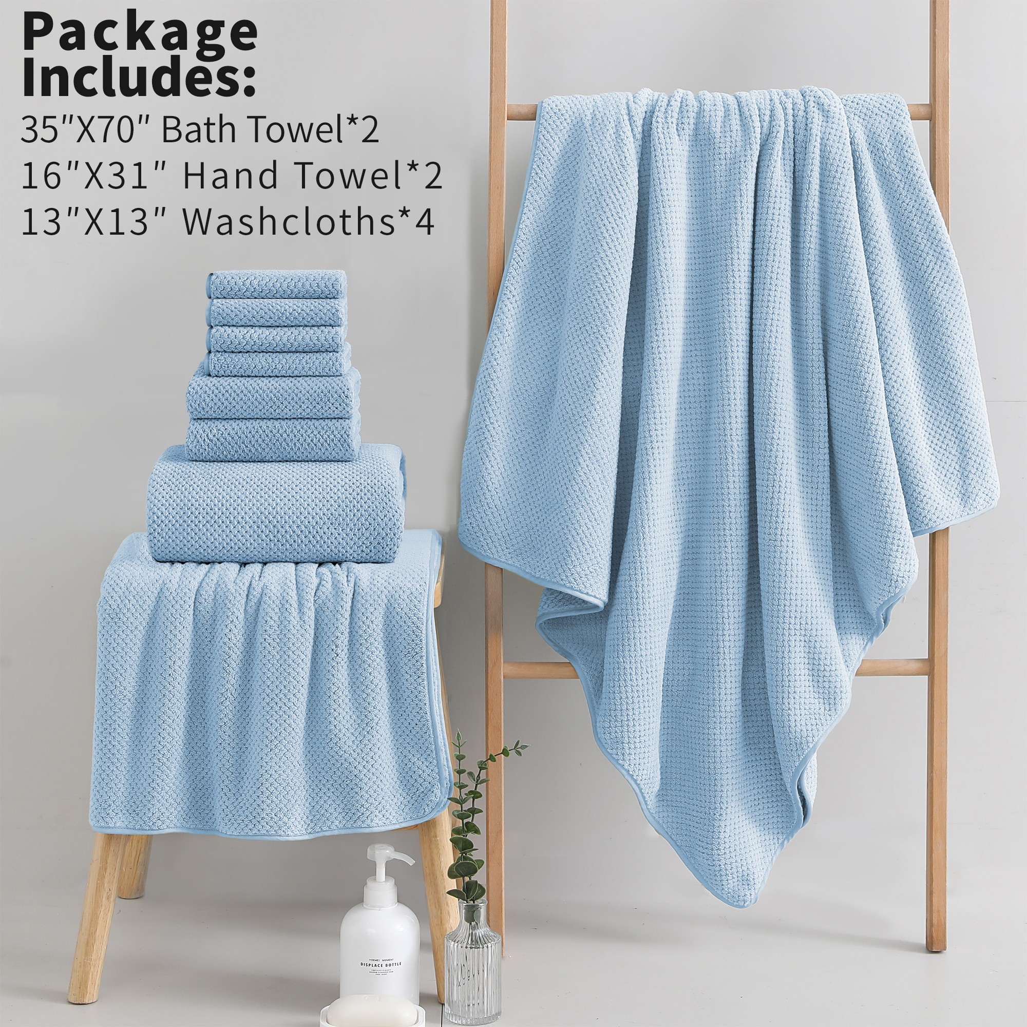 Jessy Home 8 Piece Towel Set Oversized Soft Cozy Towels 600 GSM Blue Plush Towel Set