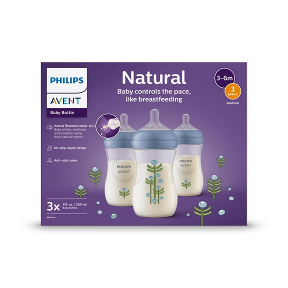 Philips Avent Natural Baby Bottle With Natural Response Nipple,Berry Design, 9oz, 3pk, SCY903/53