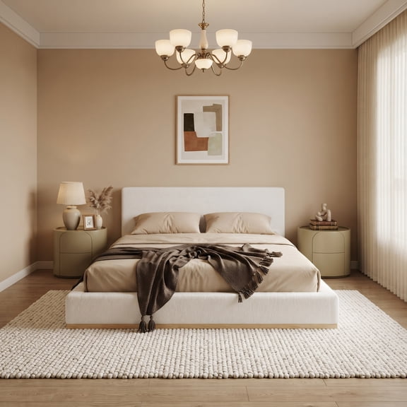 Upholstered Platform Bed Queen Size with Headboard, Boucle Bed Frame with Wood Slats and Center Support, Low Profile and No Box Spring Needed, White