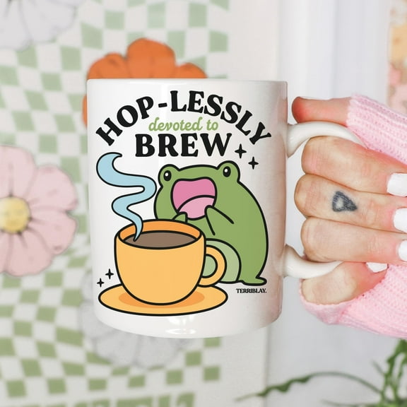 Hop-lessly Devoted To Brew Coffee Cup, Tea Cup, Funny Frog Dad Joke Pun, Cute Cafe Art, Quirky, Stupid, Unhinged, Musical Lover, Terriblay, Ceramic Mug 11Oz