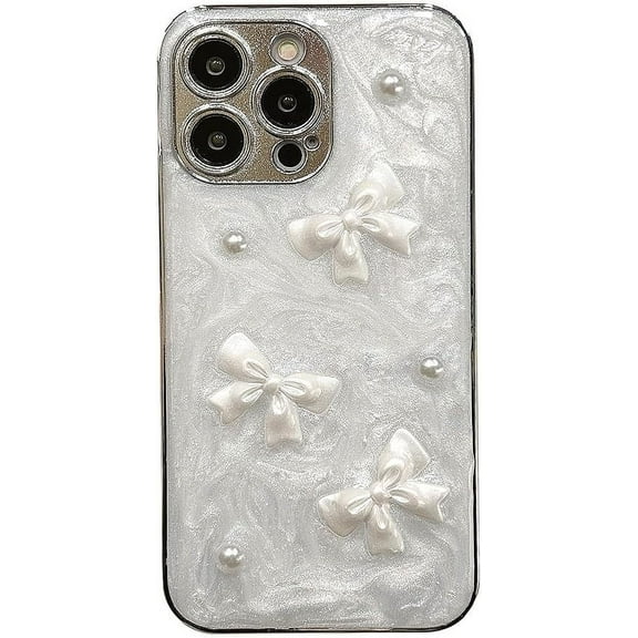 Designed for iPhone Case,Luxury 3D Bow Pearl Shell Pattern Shockproof Protective Cover Phone Case (iPhone 12,White)