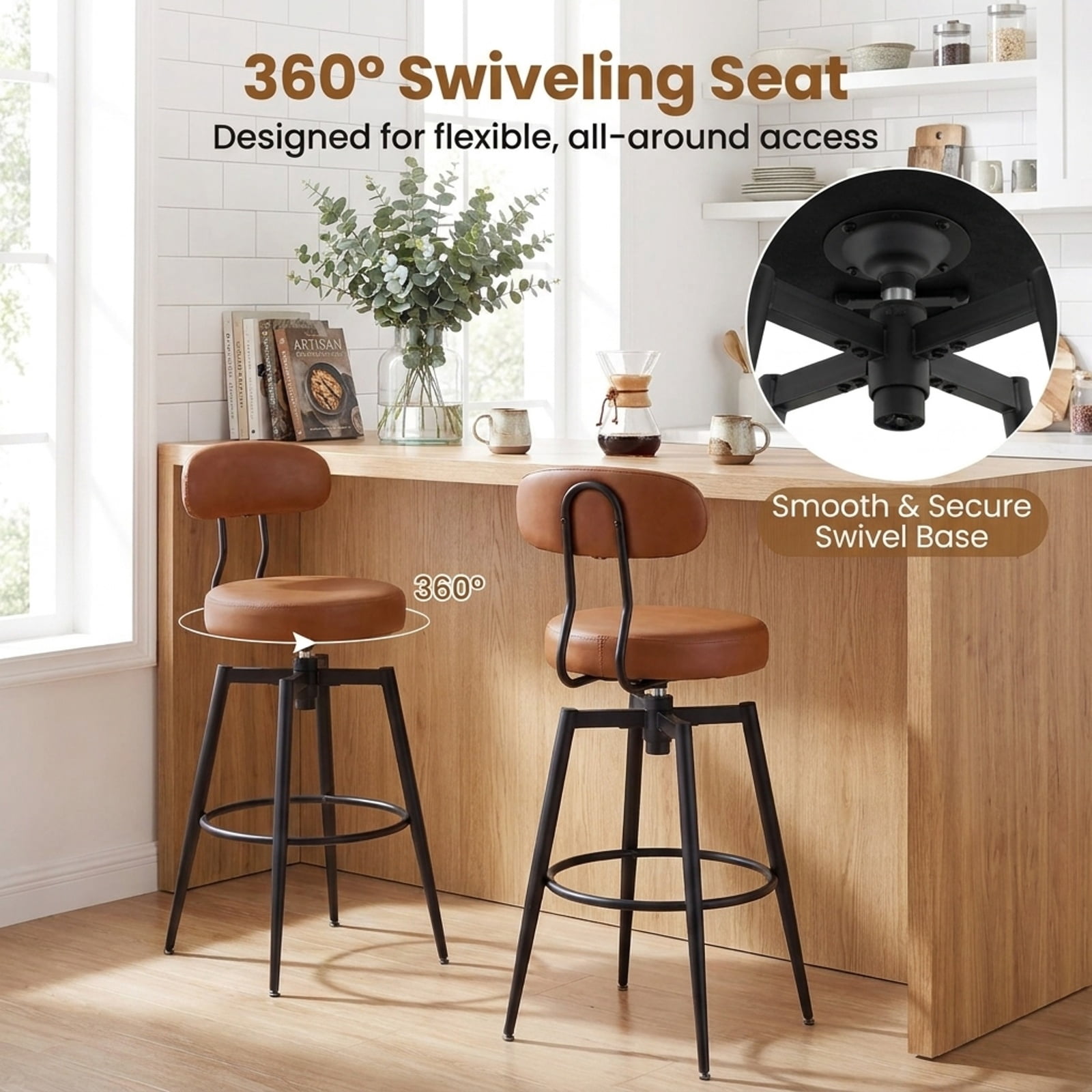 Furnibear Set of 2 Swivel Barstools Faux Leather with Upholstered Seat and Back for Kitchen Island Counter Bar Pub Dining Home, Brown