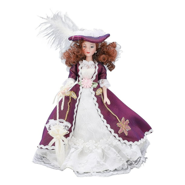 Miniature Porcelain People Victorian Style Dark Purple Skirt Hat Woman Ceramic Doll for 1/12 Doll House Decoration