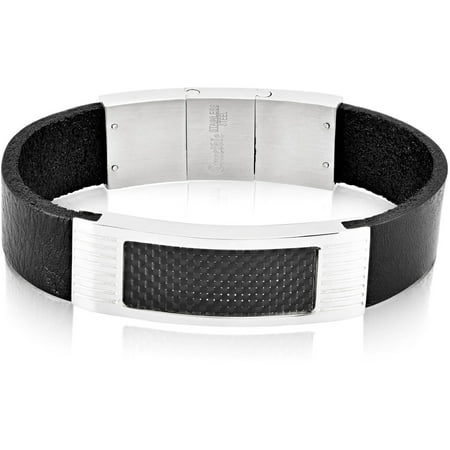 Crucible Stainless Steel Carbon Fiber Inlay Black Leather ID Bracelet