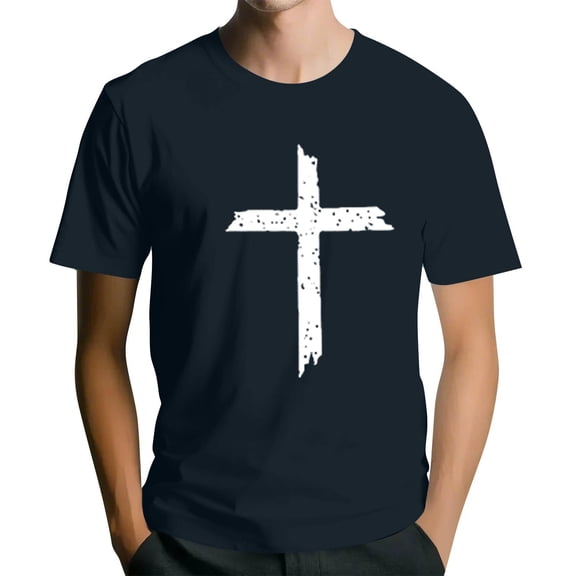 Men's Crew Neck Short-Sleeve T-Shirt With Distressed Cross Pattern Casual Daily Wear Soft Lightweight Fabric Spring & Summer Trendy Tees,Navy,M
