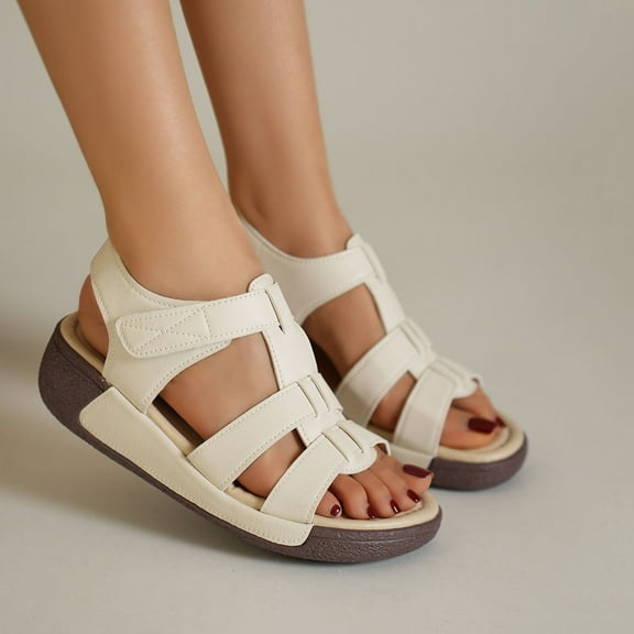 Women's Summer Sandals Women's Fashion Casual Spring And Summer Comfortable Style Solid Color Breathable Round Toe Open Toe Thick Bottom Wedge Heel Sandals Beige