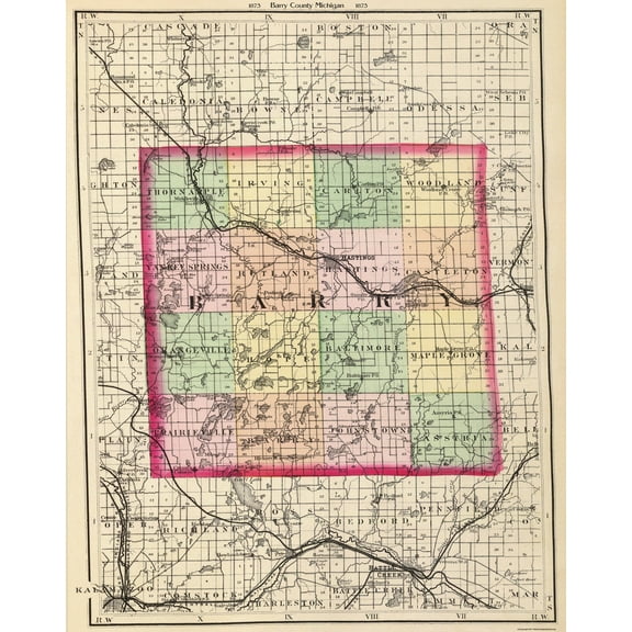 Historic County Map - Barry County Michigan - Walling 1873 - Vintage Wall Art