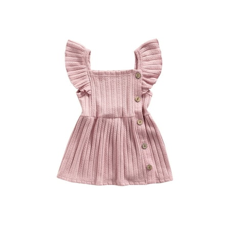 

Carolilly Baby Girls Casual Princess Dress Cotton Solid Color Square Collar Fly Sleeve One-piece Pink/ Beige/ Khaki 3M-2Y