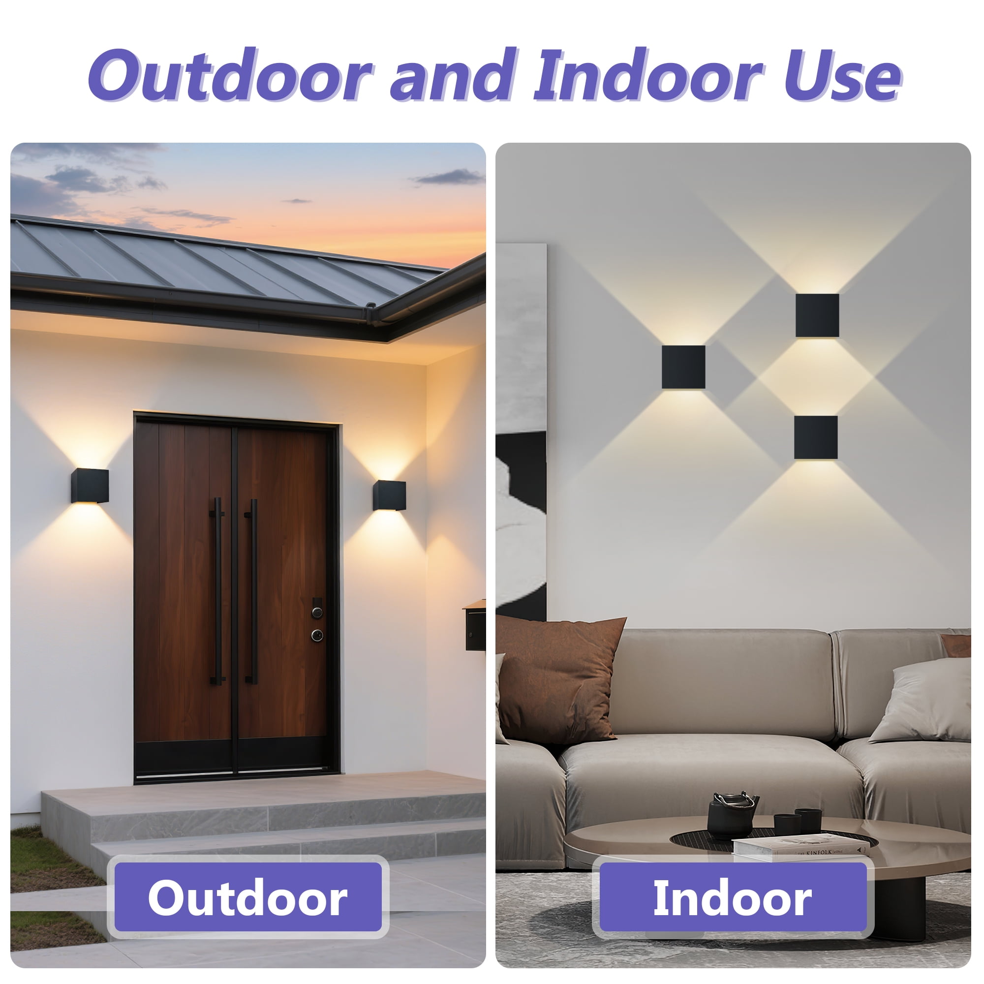 GCGAFUL 2 Pack Outdoor Wall Lantern, 4'' Matte Black Aluminum Up And Down Square LED Outdoor Wall Sconce with Adjustable Light Beam，IP65 Waterproof