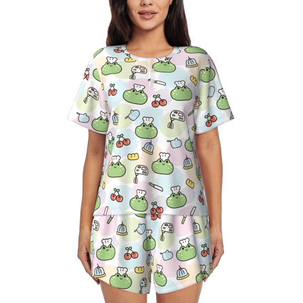 Balery Frog Wear Chef Hat Conjunto de Pijama para Mujer con Estampado, Dos Piezas de Manga Corta y Shorts, Ropa de Dormir Suave con Cuello Redondo y Bolsillos-3X-Large