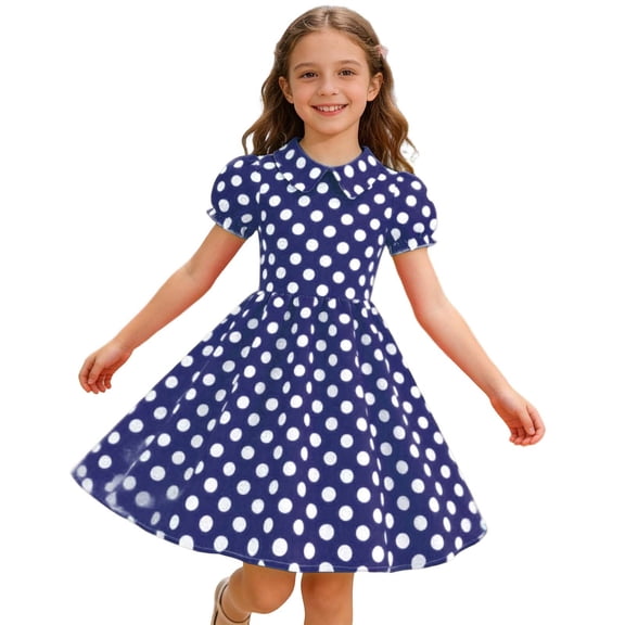 Kiijoy Toddler Girls Vintage Polka Dot Dress Short Puff Sleeve Midi Skater Dress