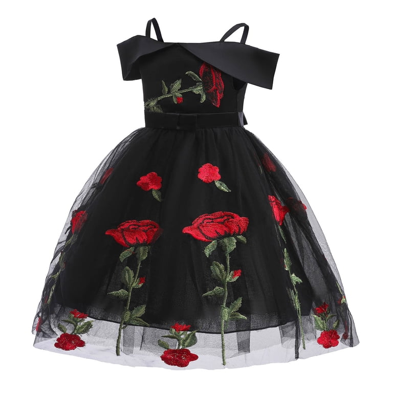 Odeerbi Tutu Tulle Dress For Toddler Girls Birthday Dresses Formal Dress Net Yarn Flowers Mesh Print Bow Ruffles Party Gown Long Dresses Black