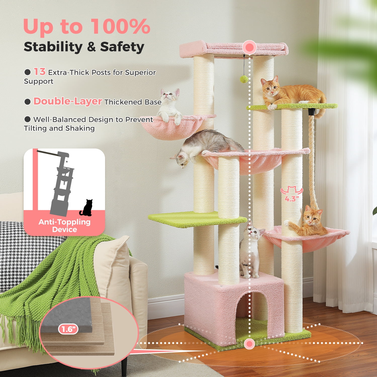 Pefilos 50" Heavy-Duty Cat Tree Tower with Extra-Thick Scratching Posts (φ4.3), Condo, 2-Layer Baseboard for Big Cats up to 16 lbs, Pink