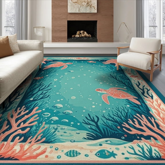ODIKA 8'x10' Washable Area Rug Non-Slip Chair-Friendly Mat Sea Turtle Ocean Underwater Tropical Coral Reef Animal Scene for Dining Room, Large Office, Lounge