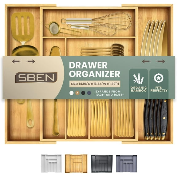 Sben Expandable Drawer Organizer for Utensils Holder, Adjustable Cutlery Tray, Wood Drawer Dividers Organizer for Silverware, Flatware, Knives for Kitchen (Bamboo)