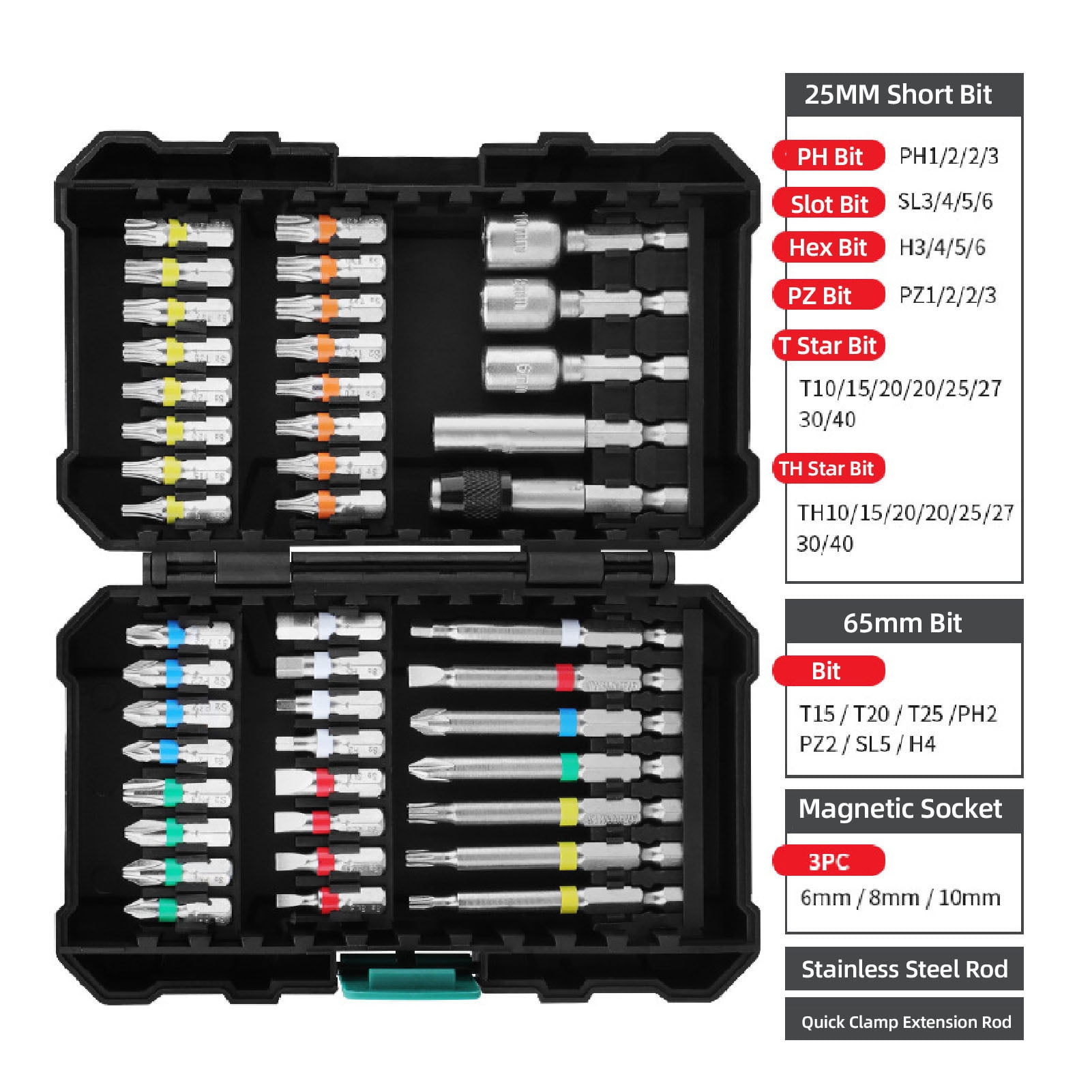 M Buder 45-Piece Impact Driver Bit Set Alloy Steel Magnetic Screwdriver Bits with Storage Box 2.36 inches / 60 mm Extension Rod For Industrial Repair