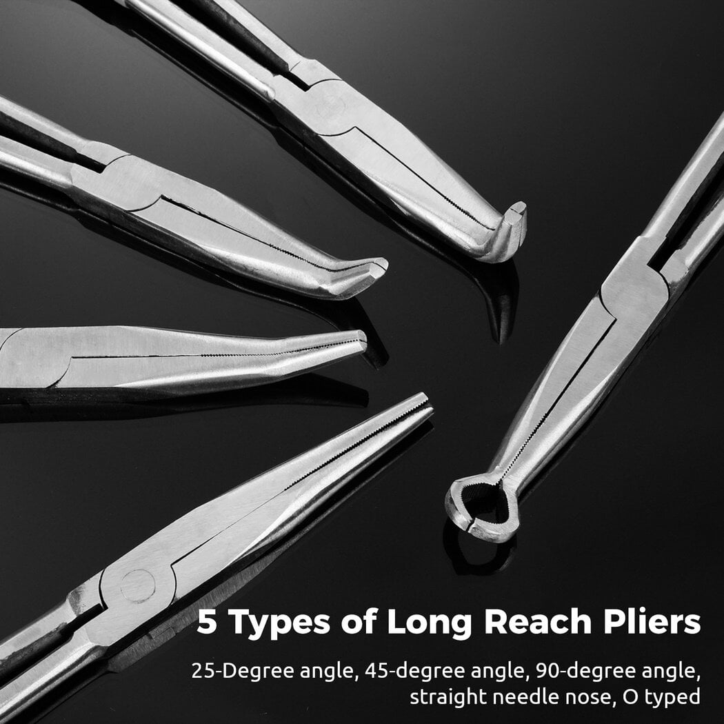 Long Reach Needle Nose Pliers, 5PCS 11" Long Needle Nose Pliers Hose Grippers Set with Pouch, Includes Straight Angle, 25, 45, 90 Degree, O-Typed Long Reach Pliers for Narrow Spaces